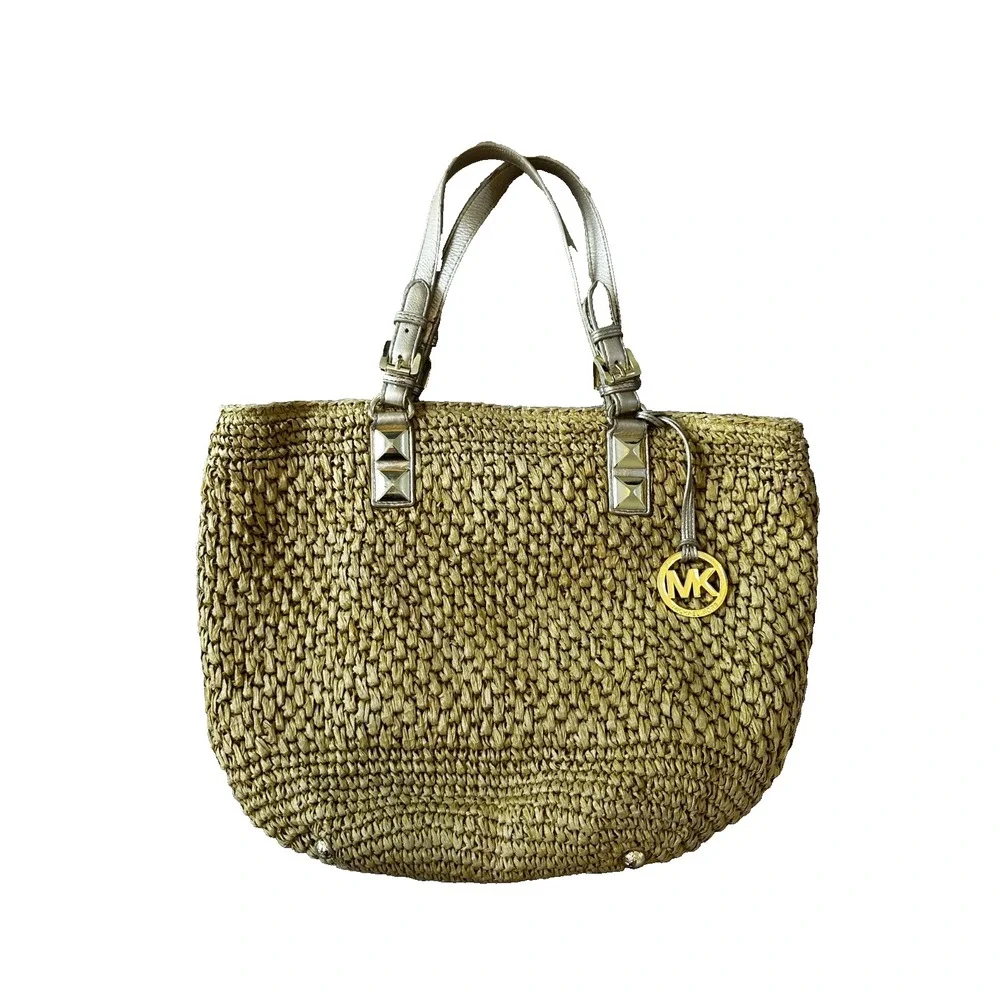Michael Kors Woven Straw Purse Tote Gold Tone Fob Footed Shoulder Bag
